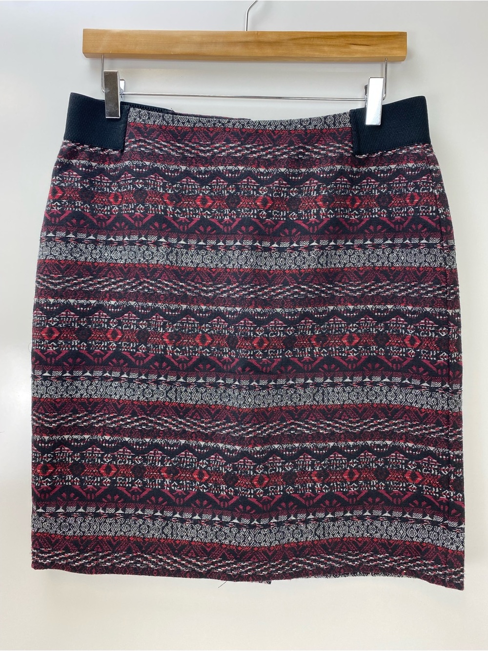 J. Jill Burgundy, Black and Gray Patterned Knit Midi Skirt